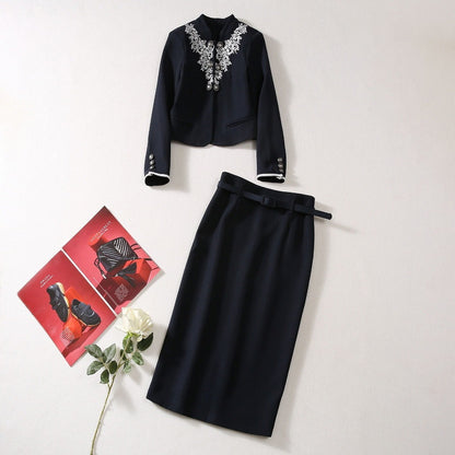 Stand Collar Embroidery Short Coat Slim Fit Skirt Fashion Suit