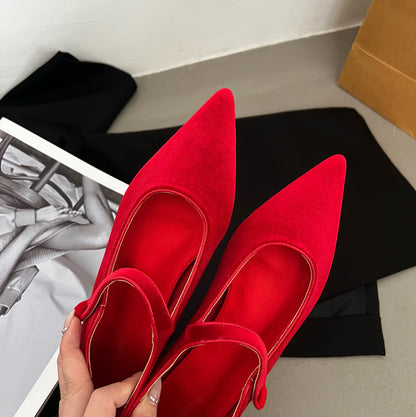 Women's French-style Pointed Buckle Velvet Flat Shoes