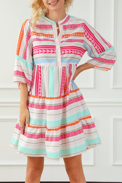 Multicolour Boho Geometric Print Bracelet Sleeve Buttoned Mini Dress