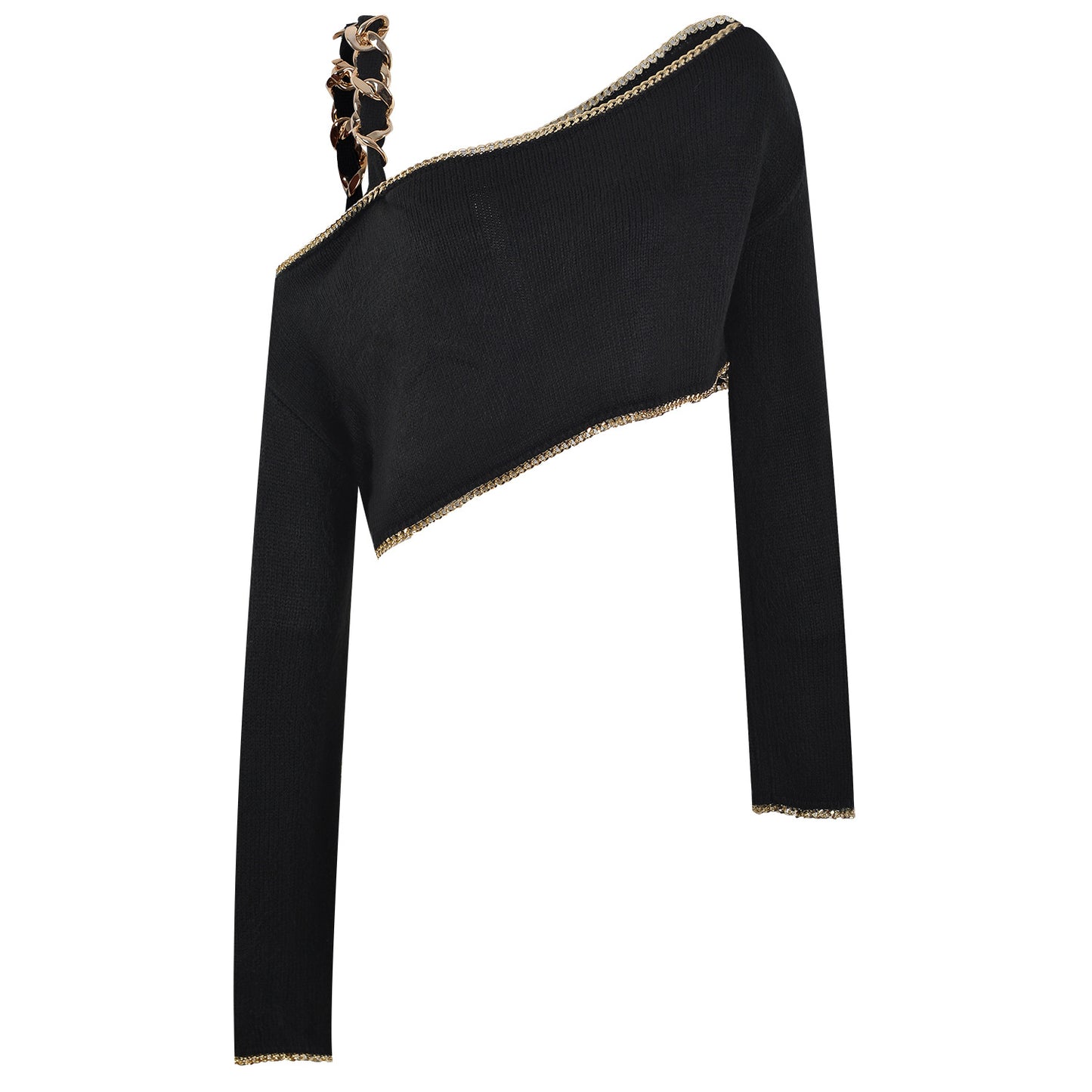 New Style Chain Wrap Long Sleeve Slanted Shoulder Strapless Black Cropped Pullover