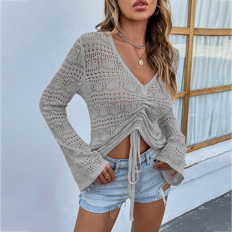 V Neck Drawstring Flare Sleeve Sweater