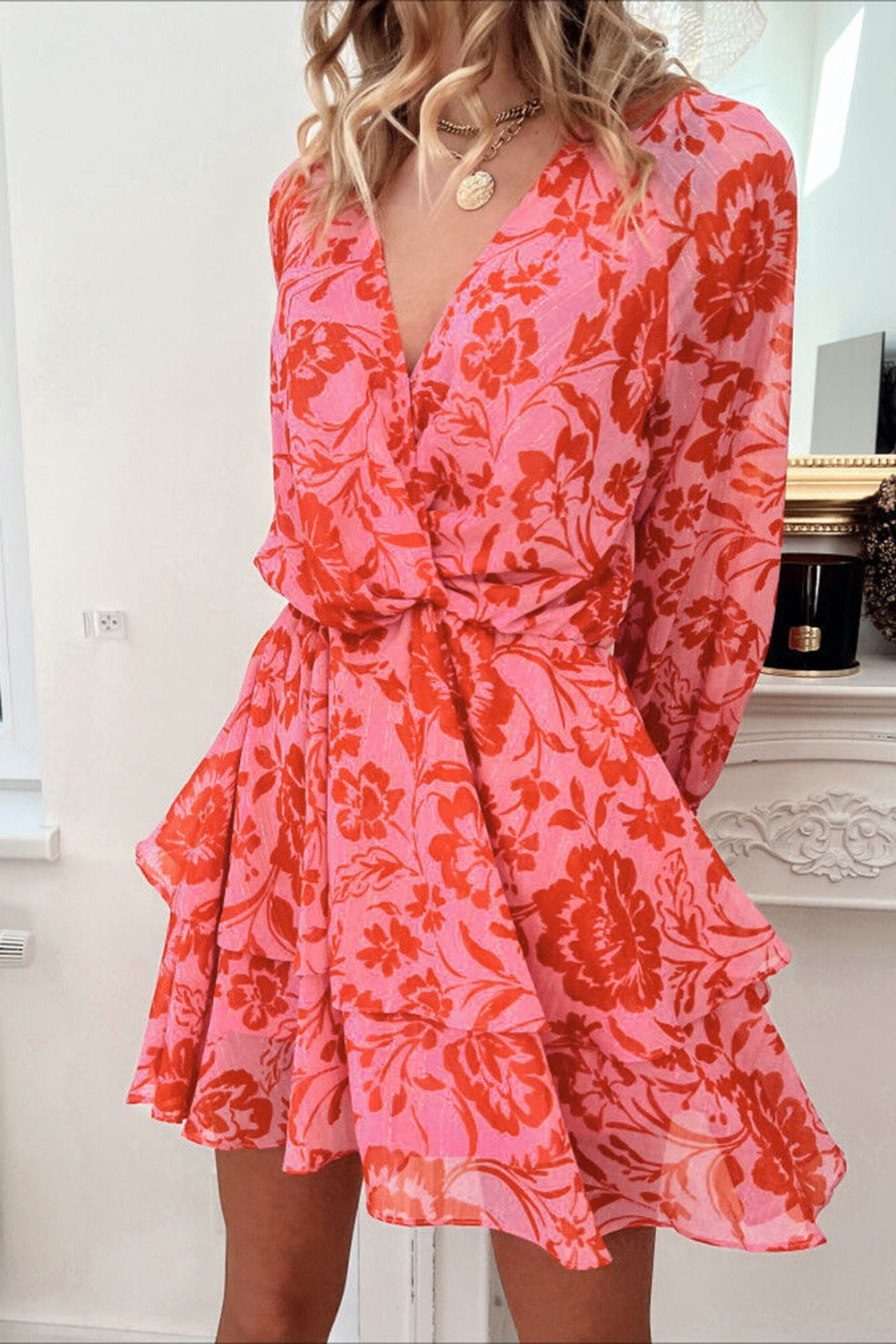 Fiery Red Floral Ruffle Layered Puff Sleeve Surplice Dress