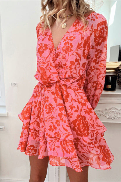 Robe surplis à manches bouffantes superposées à volants floraux rouge ardent