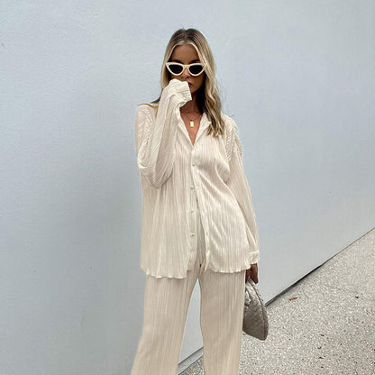 Women's Long-sleeved Loose-fitting Pleated Wide-leg Pants Two-piece Suit