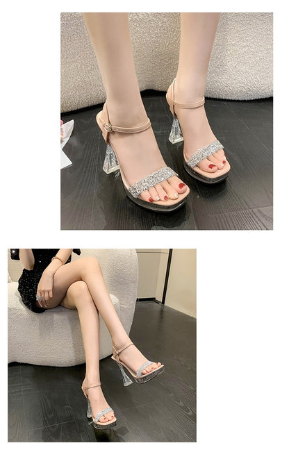 Buckle Transparent Strap Rhinestone Thick Heel Super High Heel Casual Fashion Sandals