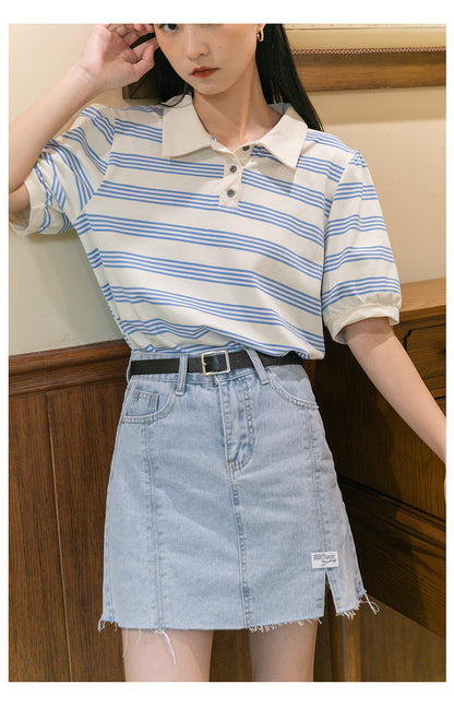 Striped Cotton Short Sleeved T Shirt Lapel Korean Style Design Loose Top