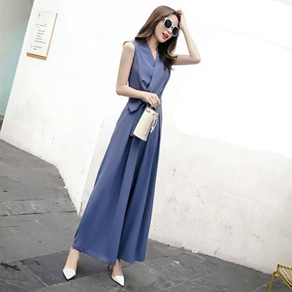 Student Korean Casual V-neck Slim Jumpsuit Wide-leg Pants Suit