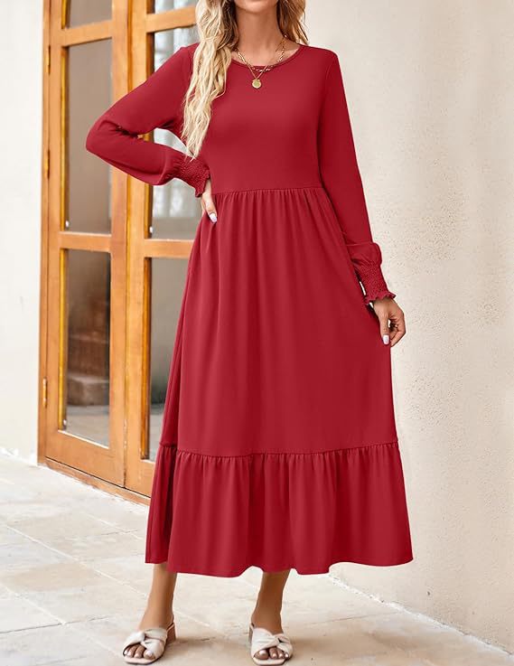 Robe mi-longue smockée à manches longues et col rond pour femme