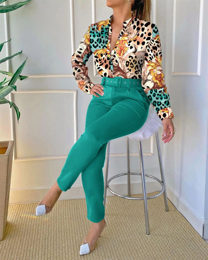 Women's Digital Printing Long-sleeved Shirt With Belt Trousers Suit