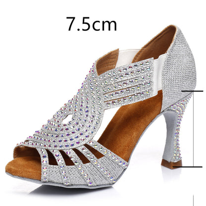 Zapatos de baile latino con diamantes de colores llamativos y tacón alto brillante con suela suave