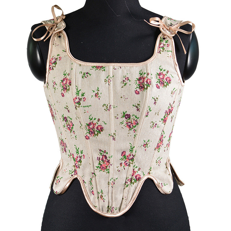 Gilet court français à petites bretelles florales, corset en arête de poisson