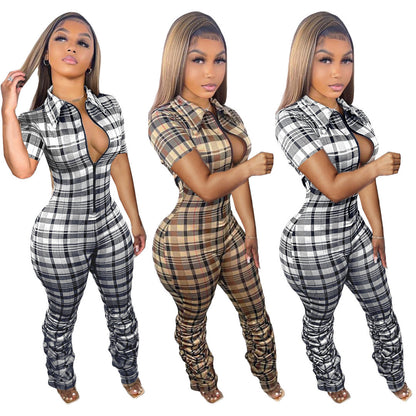 Check Print Slim Fit Crinkled Zip Short Sleeve Jumpsuit