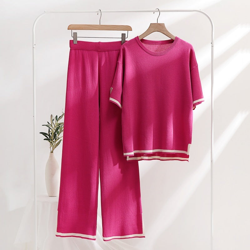 Patchwork Loose Sweater With Short Sleeves Top Split Trousers Knitting Suit