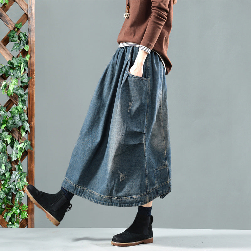 Retro Elastic Waist Washed Denim Skirt