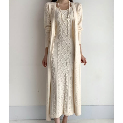 Linen Pattern Cardigan Sweater, Knitted Suspender Dress Inside