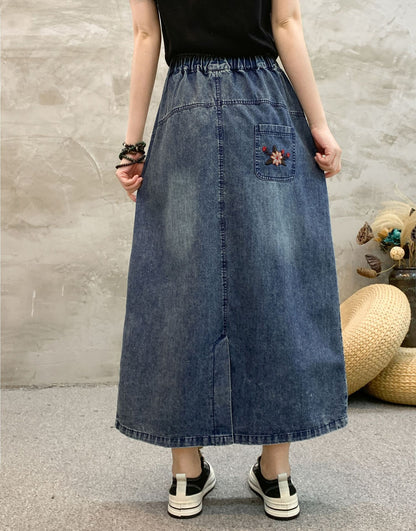 Spring Chinese Style Small Flower Embroidery High-waisted Skirt