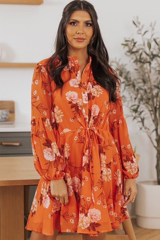 Robe fluide orange vintage à imprimé floral avec cordon de serrage