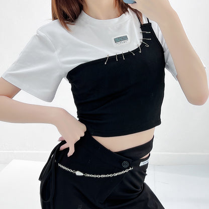 Summer New Sweet Cool Hot Girl Round Neck Short Sleeve Irregular Spaghetti-strap Two-piece Set Top Women