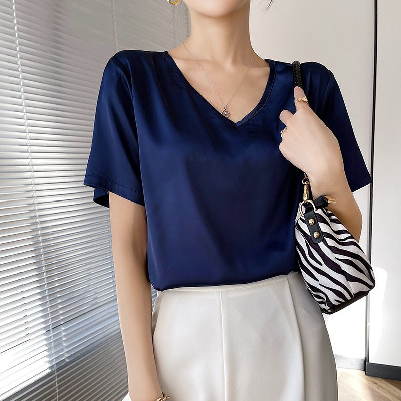 Short Sleeve Loose V-neck Satin Bottoming Solid Color Inner Wear Suit Top