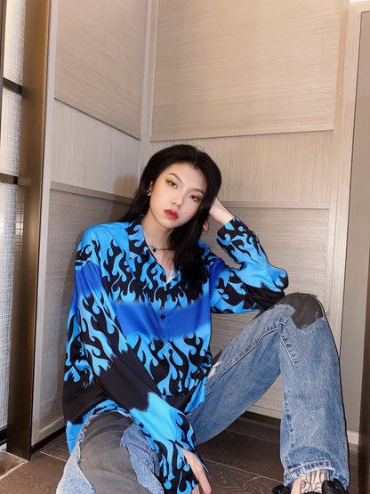 Blue flame print long sleeve shirt