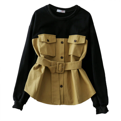 Color contrast breasted high waist long sleeves