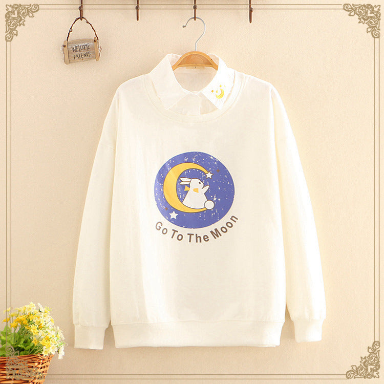 Japanese style lapel print moon rabbit long sleeves