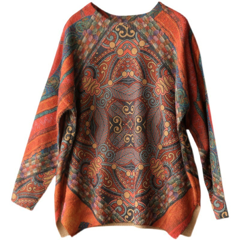 Women's Vintage Printed Imitation Mink Round Neck Sweater