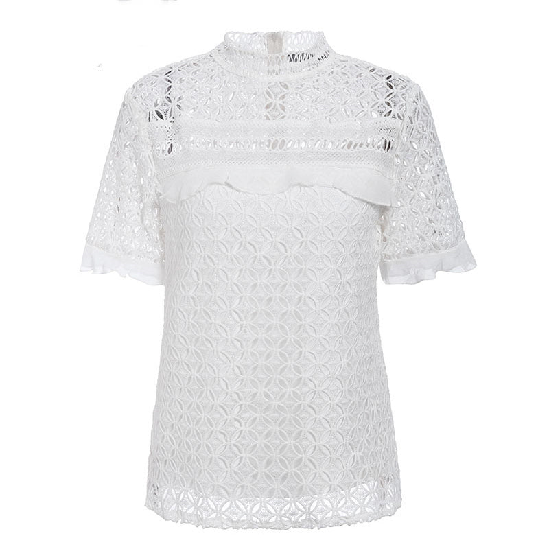 Round neck ruffle temperament lace shirt