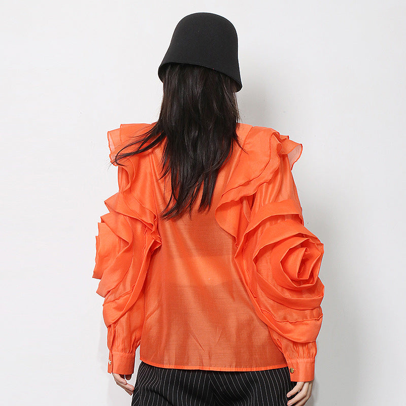 Temperament Organza Solid Color Shirt Lapel Ruffle Stitching