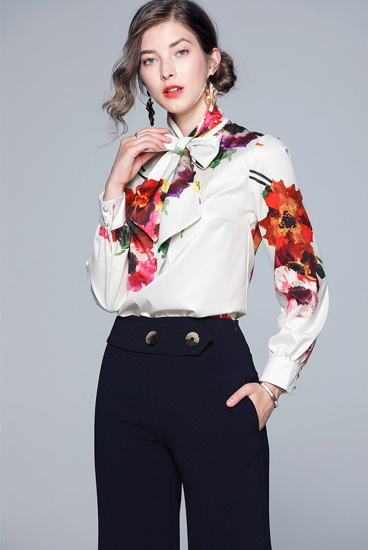 Long Sleeve Bow Ribbon Print Fashion Women's Shirt