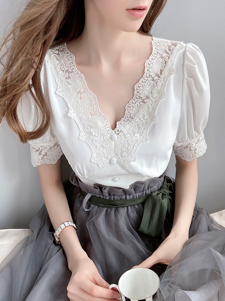 V-neck hollowed-out lace blouse