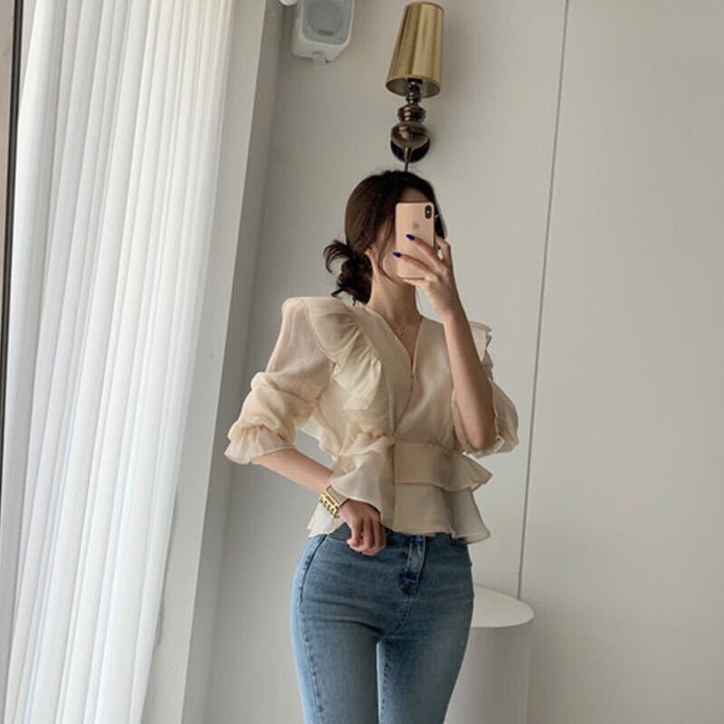 Vintage Hong Kong style ruffled V-neck shirt