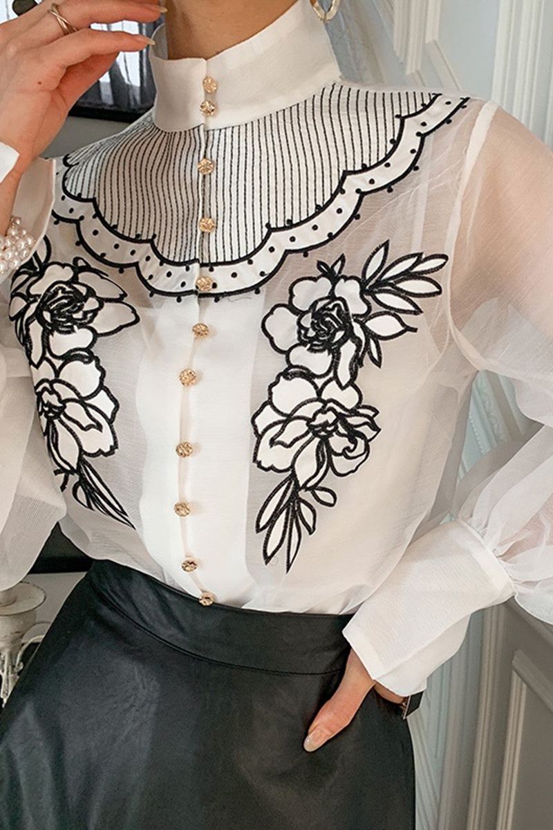 Chemise à manches lanternes en maille de fleurs brodées pour femmes