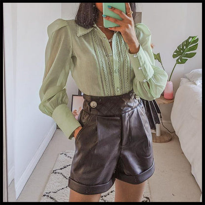 Beautiful Women's Stitching Top Fashion All-match Commuter Style Lace Chiffon Shirt Pale Green