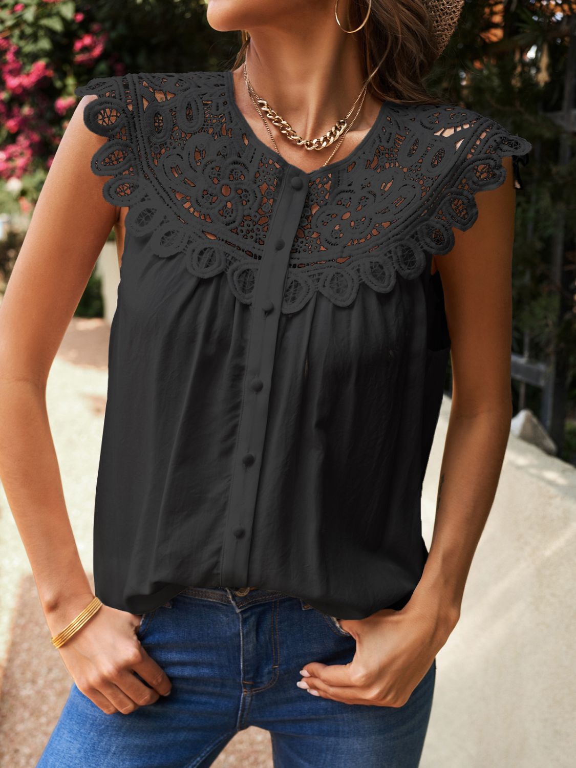 Buttoned Lace Yoke Top