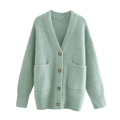 Cardigan en tricot paresseux pour femmes, manteau ample avec poches plaquées