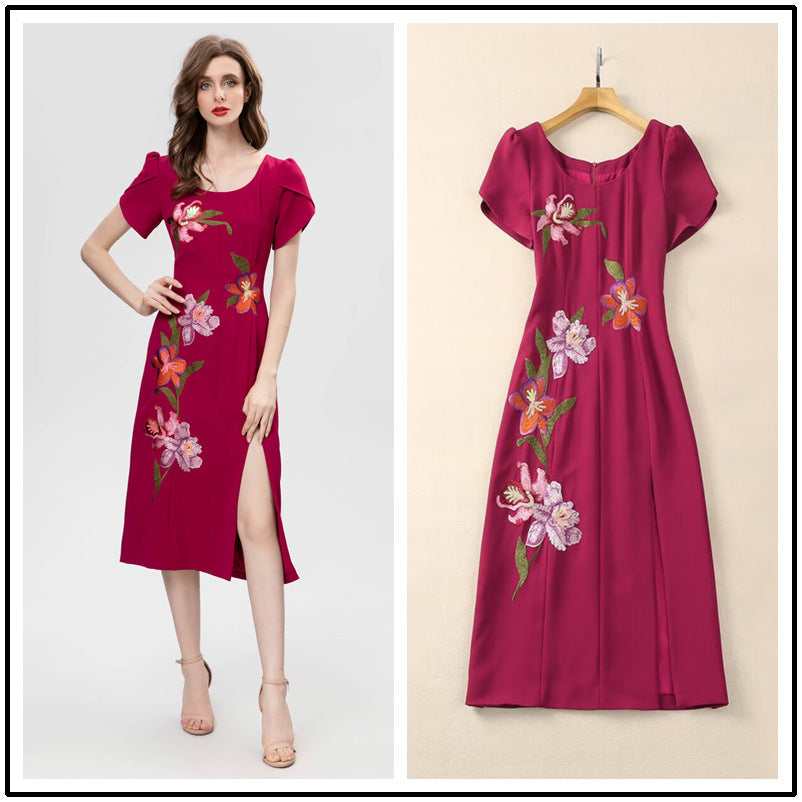 Elegant Short Sleeve Embroidered Slim Fit Mid-length Formal Dress Hip Split Dress