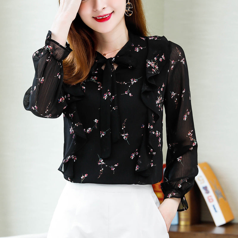 Long sleeve large size small shirt temperament floral blouse