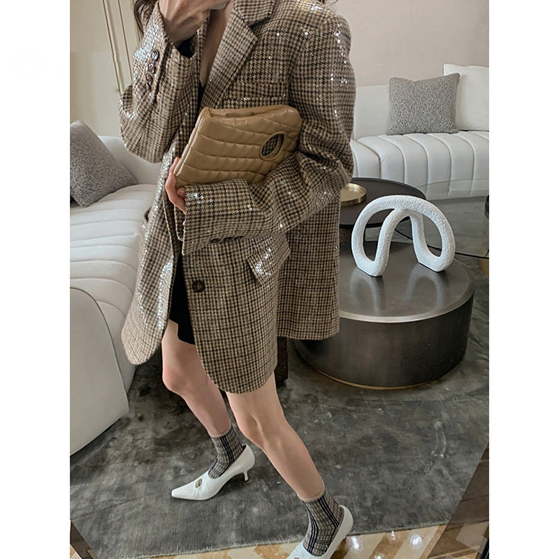 Plaid Sequined Blazer Women's Suit Collar Loose Retro British Jacket