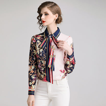 Slimming shirt with bow and flower print