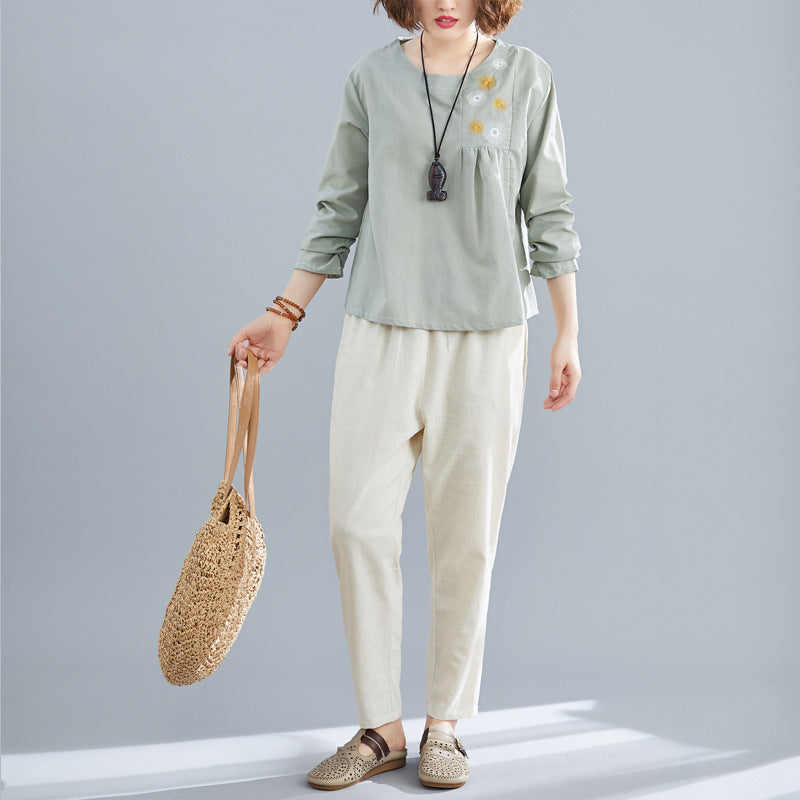 Literary Loose Cotton And Linen Embroidery Flower Long Sleeve Suit