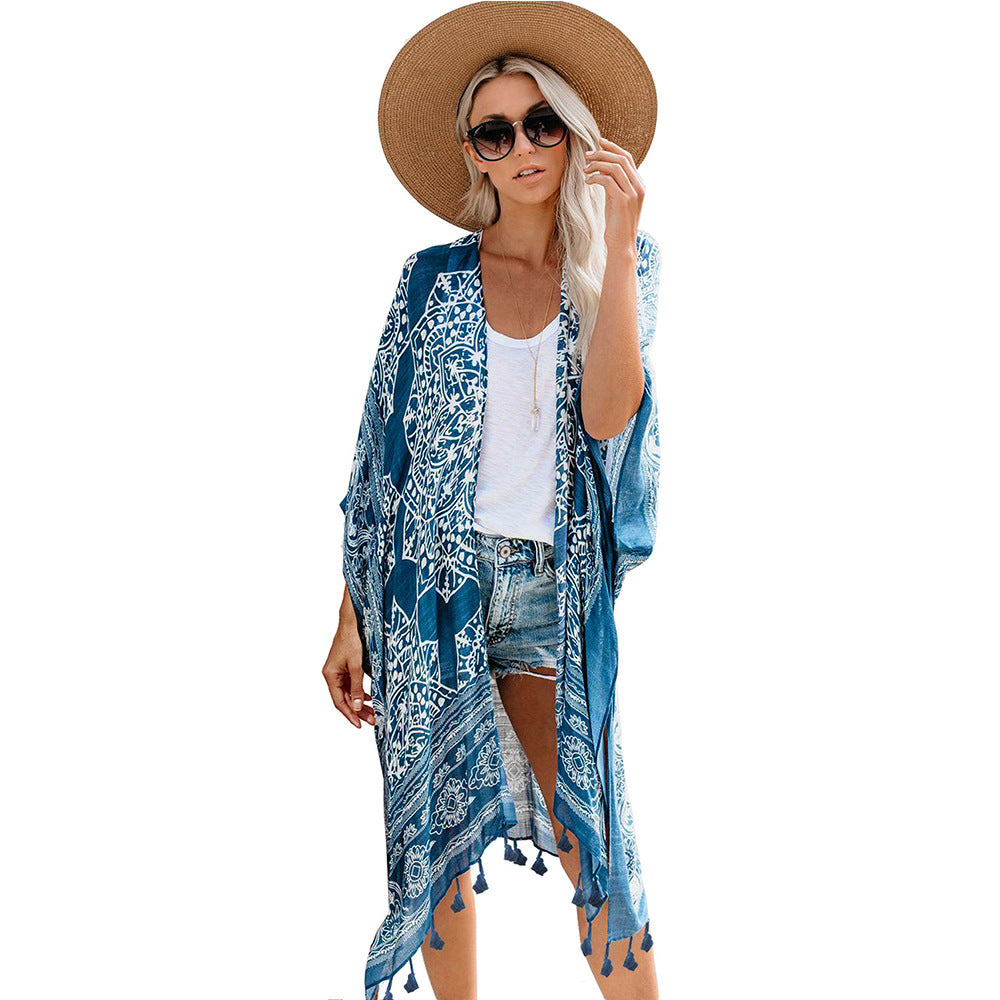 Women's shawl with tassel print cardigan