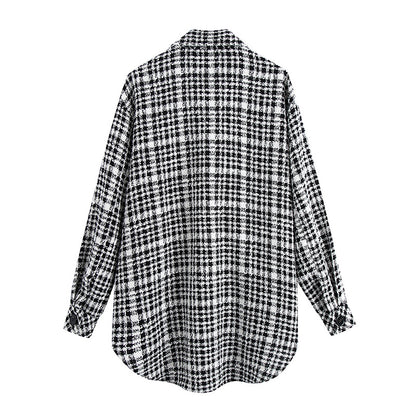 Manteau chemise à carreaux noir et blanc pour femme, haut coupe-vent léger et mature, européen et américain, automne et hiver