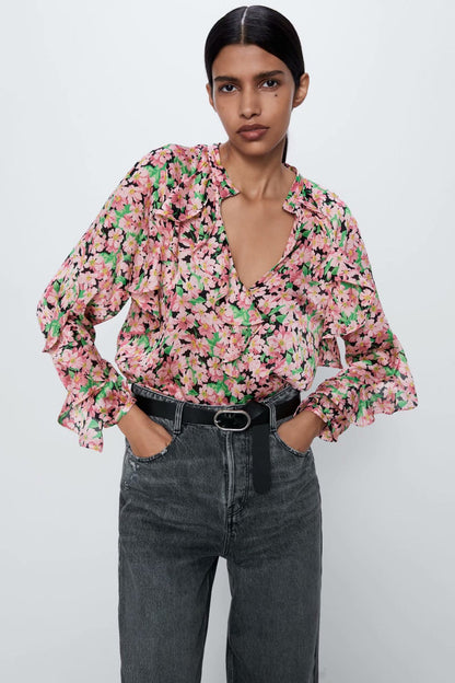 Printed women's chiffon shirt top