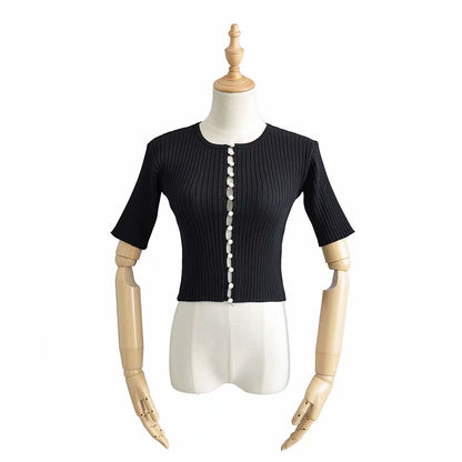 Chemise courte à manches courtes en maille à boutonnage perlé, coupe slim