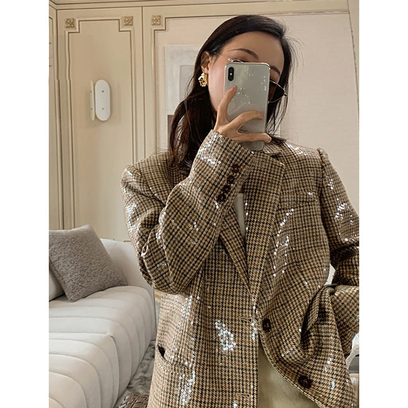 Plaid Sequined Blazer Women's Suit Collar Loose Retro British Jacket