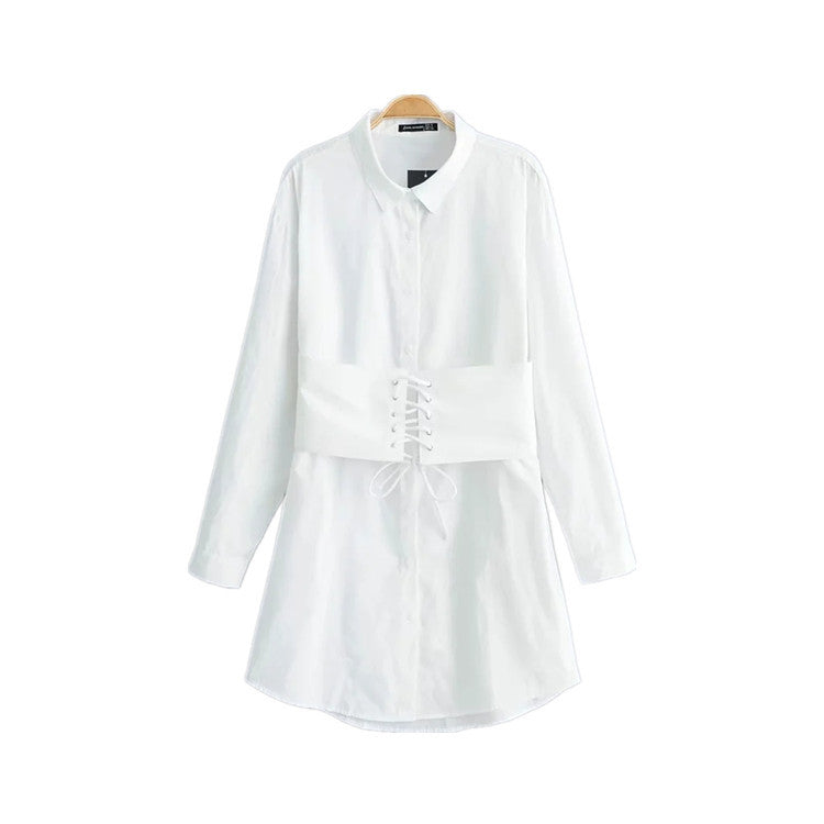 Long sleeve white shirt dress with tie waist