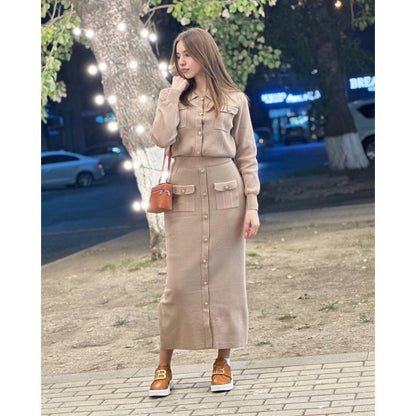 Spring And Autumn Elegant Chic Pleated Lapel Woolen Skirt Suit