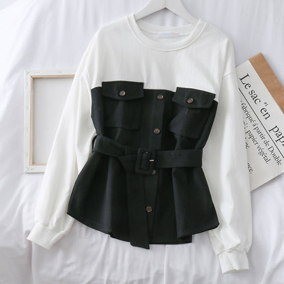 Color contrast breasted high waist long sleeves