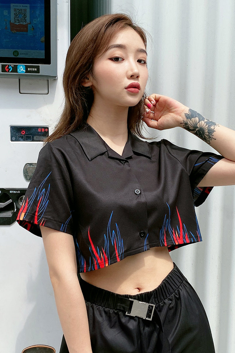 Street shot handsome flame short shirt female suit top